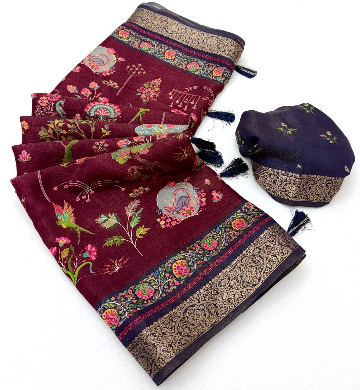 Inspiring Wine Printed Viscose Silk Saree With Engrossing Blouse Piece