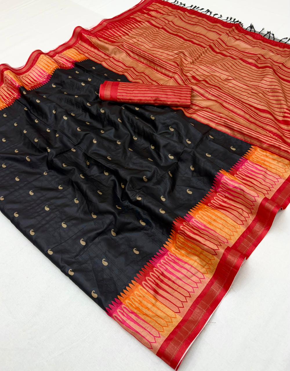 Bucolic Black Pure Zari Weaving Banarasi Tussar Silk Saree With Symmetrical Blouse Piece