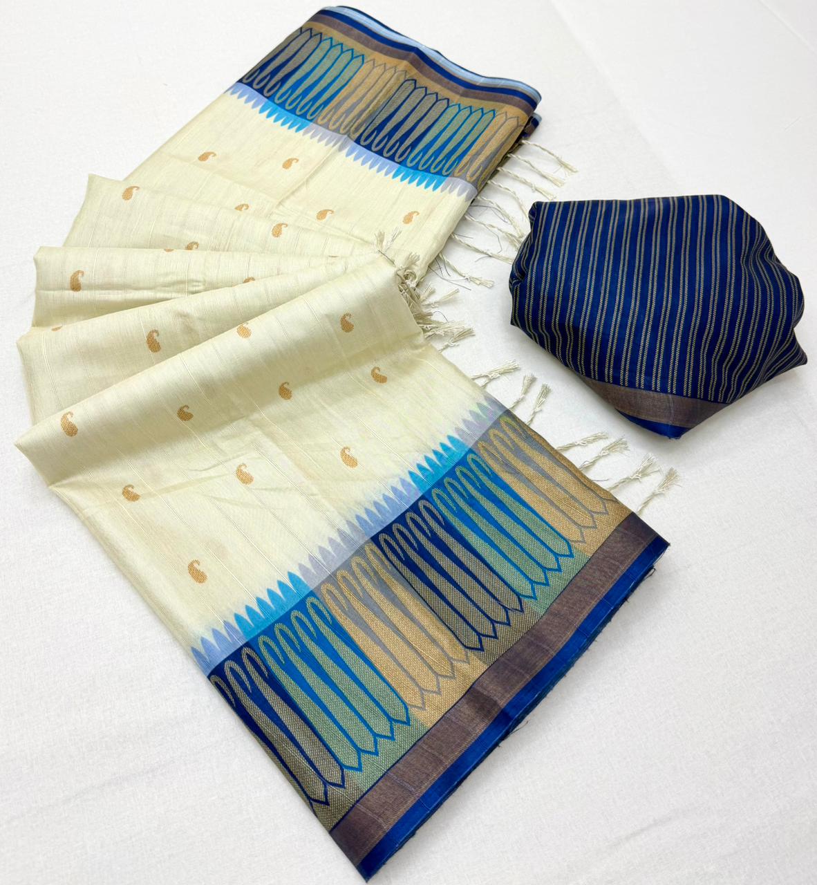 Snazzy Off White Pure Zari Weaving Banarasi Tussar Silk Saree With Traditional Blouse Piece