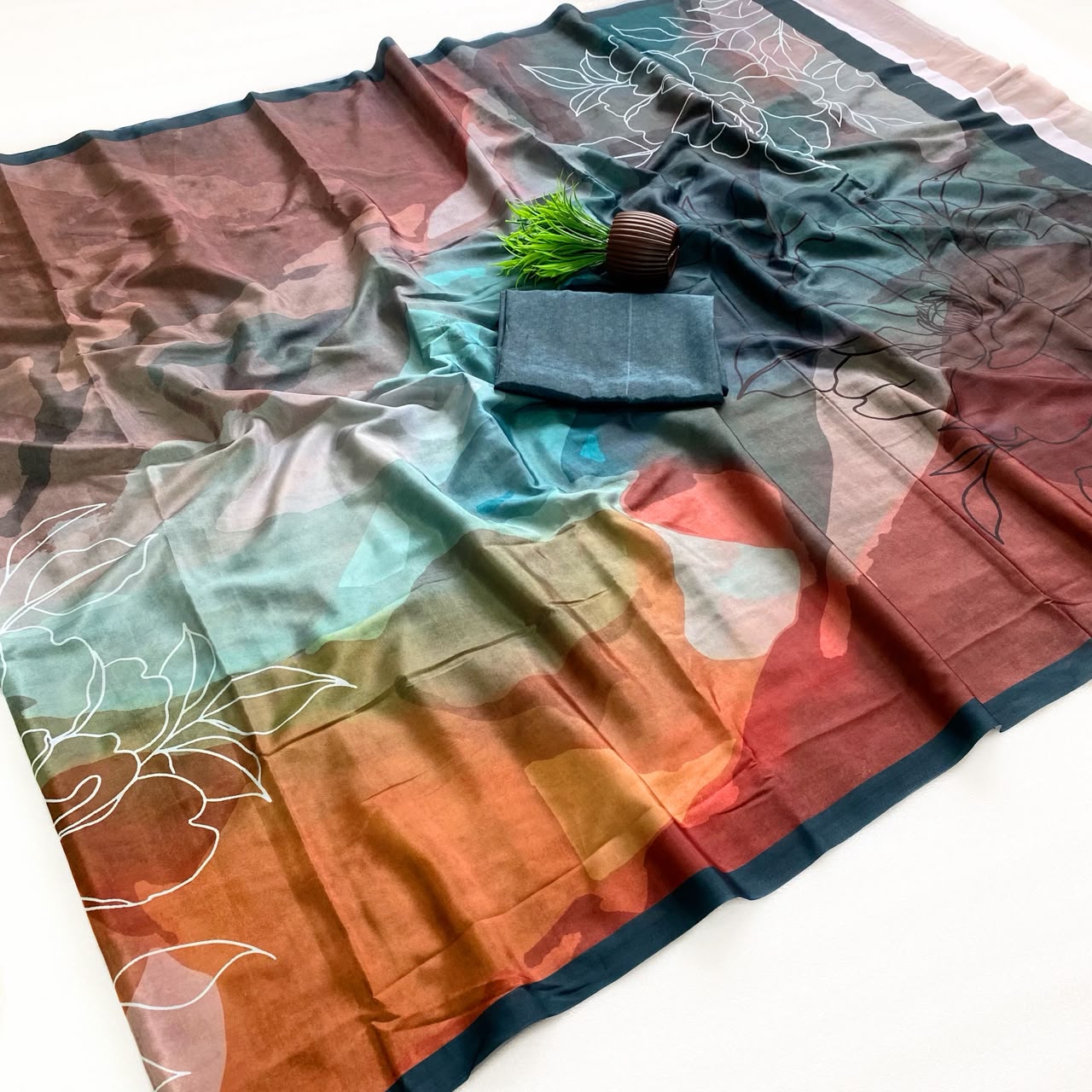 Nebula Multicolor Digital Printed Satin Silk Saree With Phenomenal Blouse Piece