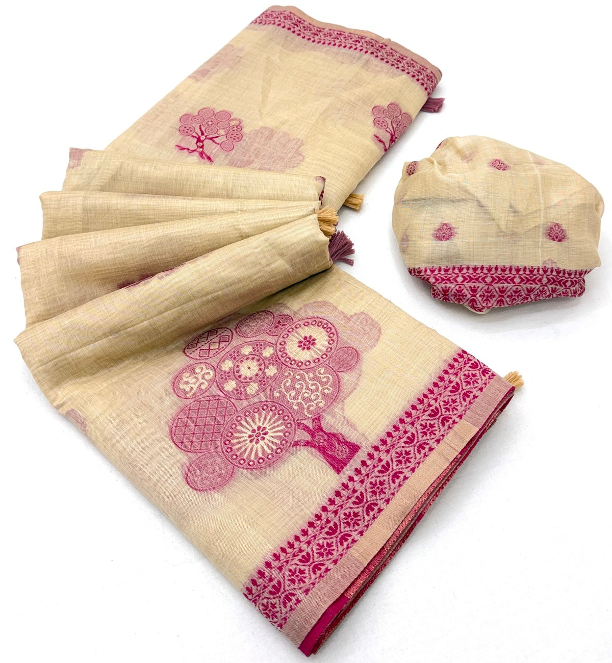 Amazing Beige Pure Munga Cotton Silk Saree With Flamboyant Blouse Piece