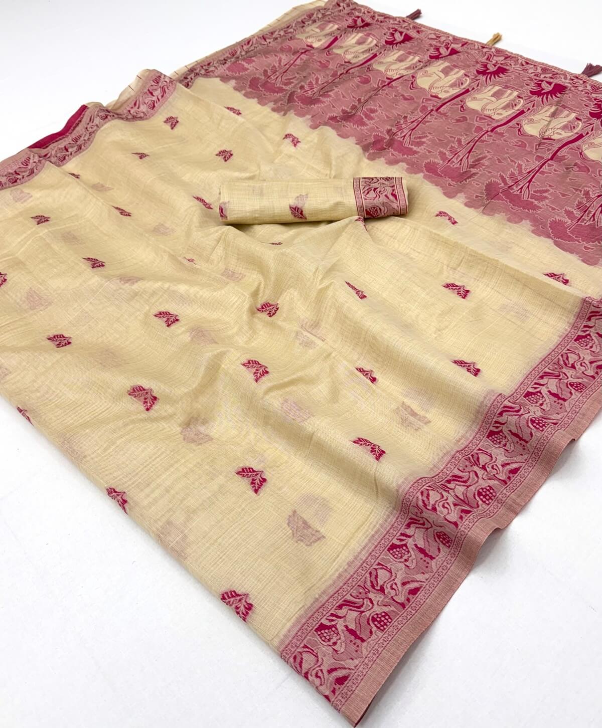 Flaunt Beige Pure Munga Cotton Silk Saree With Enigmatic Blouse Piece