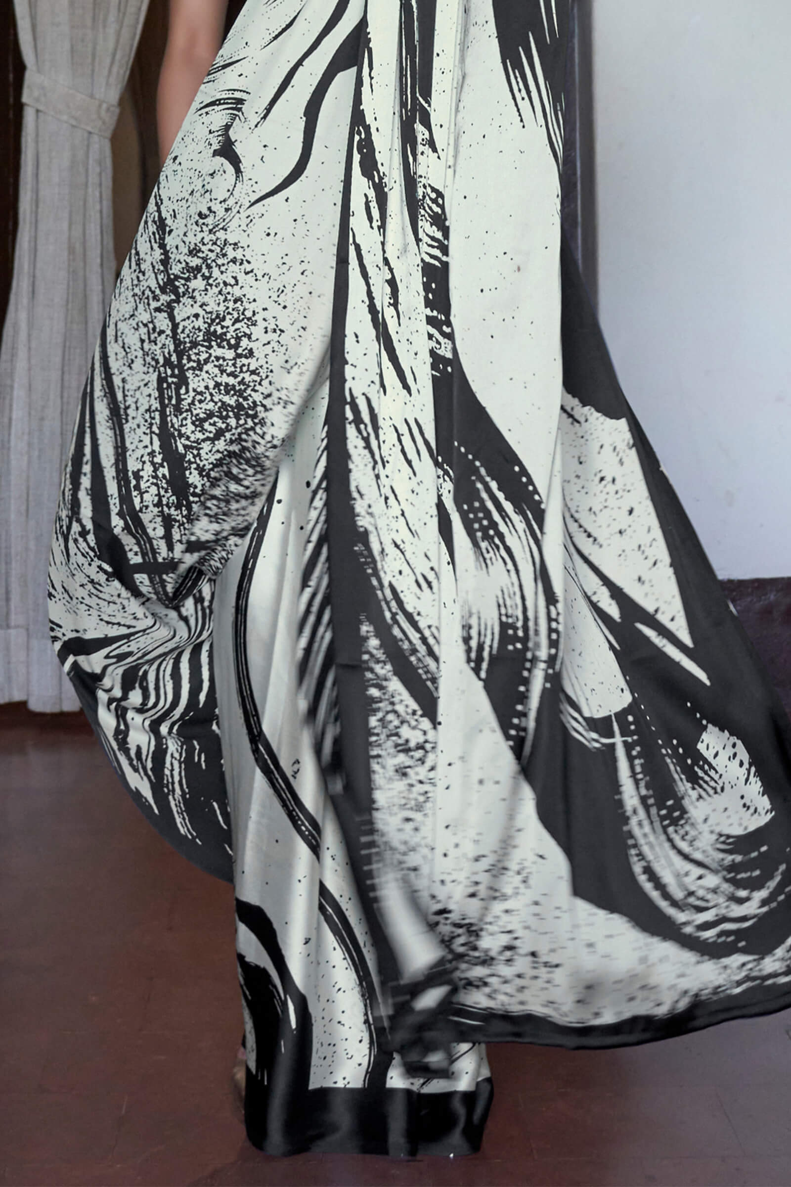 Attractive Beige and Black Digital Printed Satin Silk Saree With Phenomenal Blouse Piece
