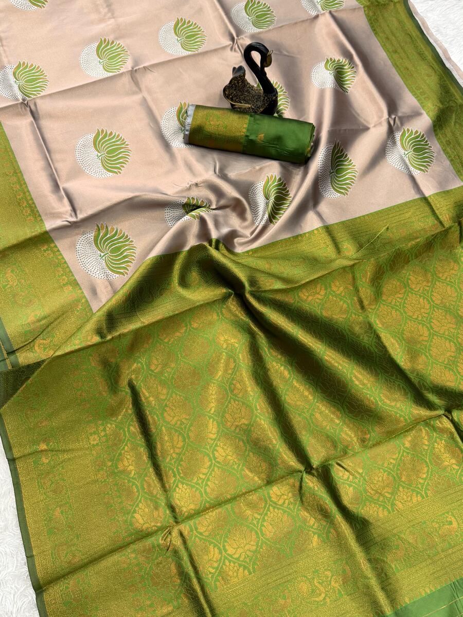 Demanding Beige and Green Soft Silk Saree With Jubilant Blouse Piece