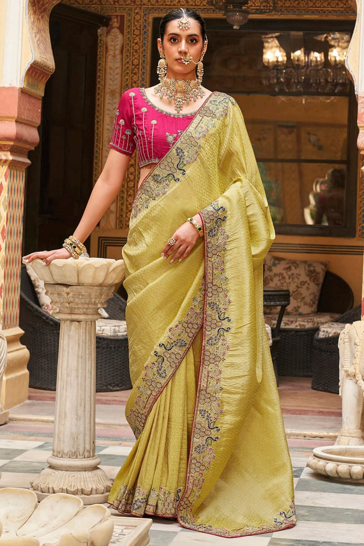 Vestigial Yellow Pure Tissue Silk Hand Embroidery Work Saree With Designer Blouse Piece