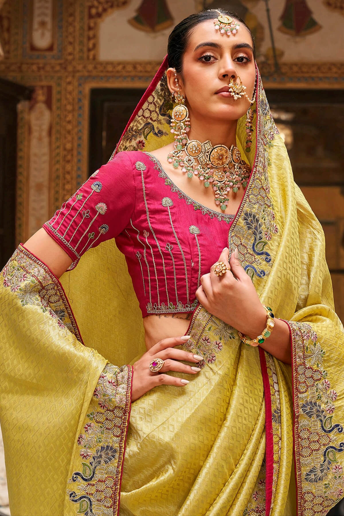 Vestigial Yellow Pure Tissue Silk Hand Embroidery Work Saree With Designer Blouse Piece