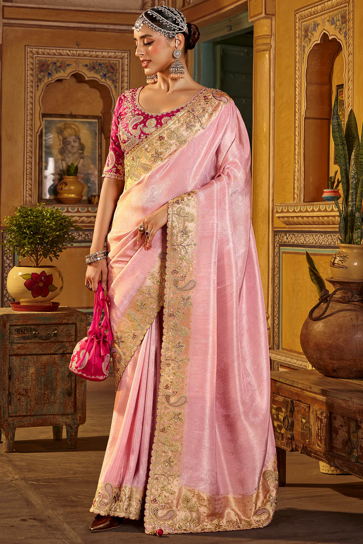 Gossamer Pink Pure Viscose Hand Embroidery Work Saree With Stitched Blouse