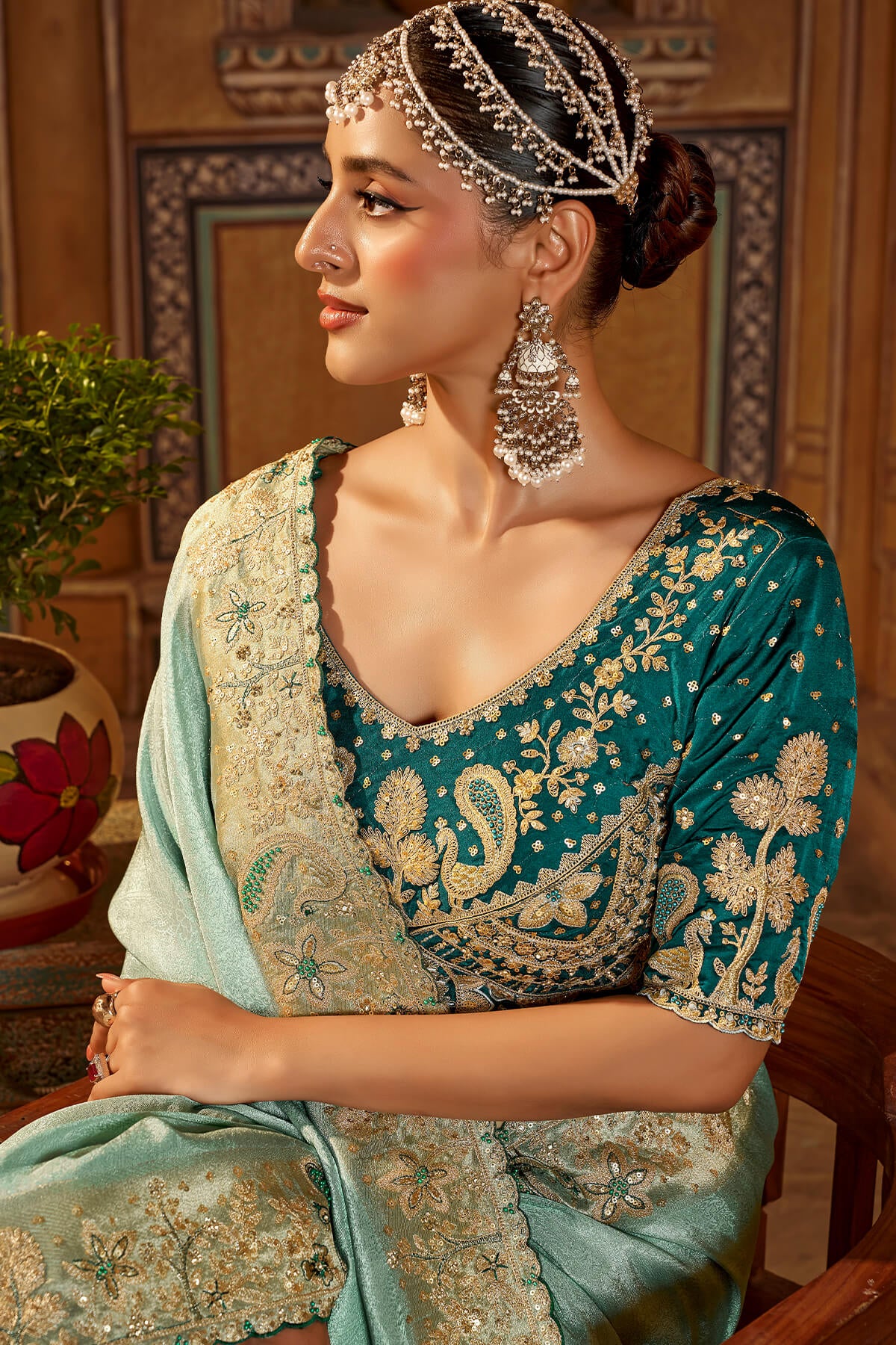 Phenomenal Turquoise Pure Viscose Hand Embroidery Work Saree With Stitched Blouse