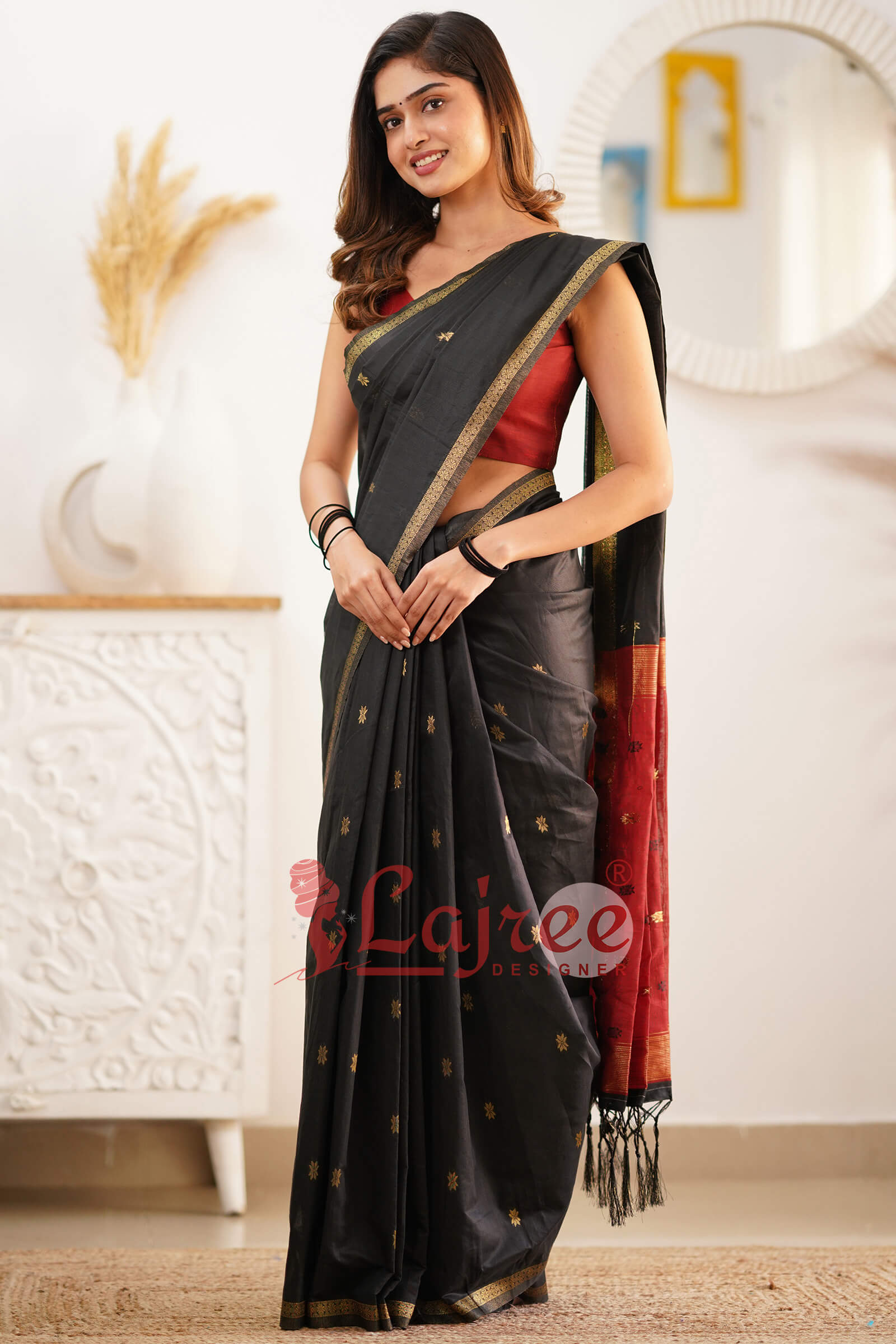 Trendy Black Cotton Silk Saree With Marvellous Blouse Piece