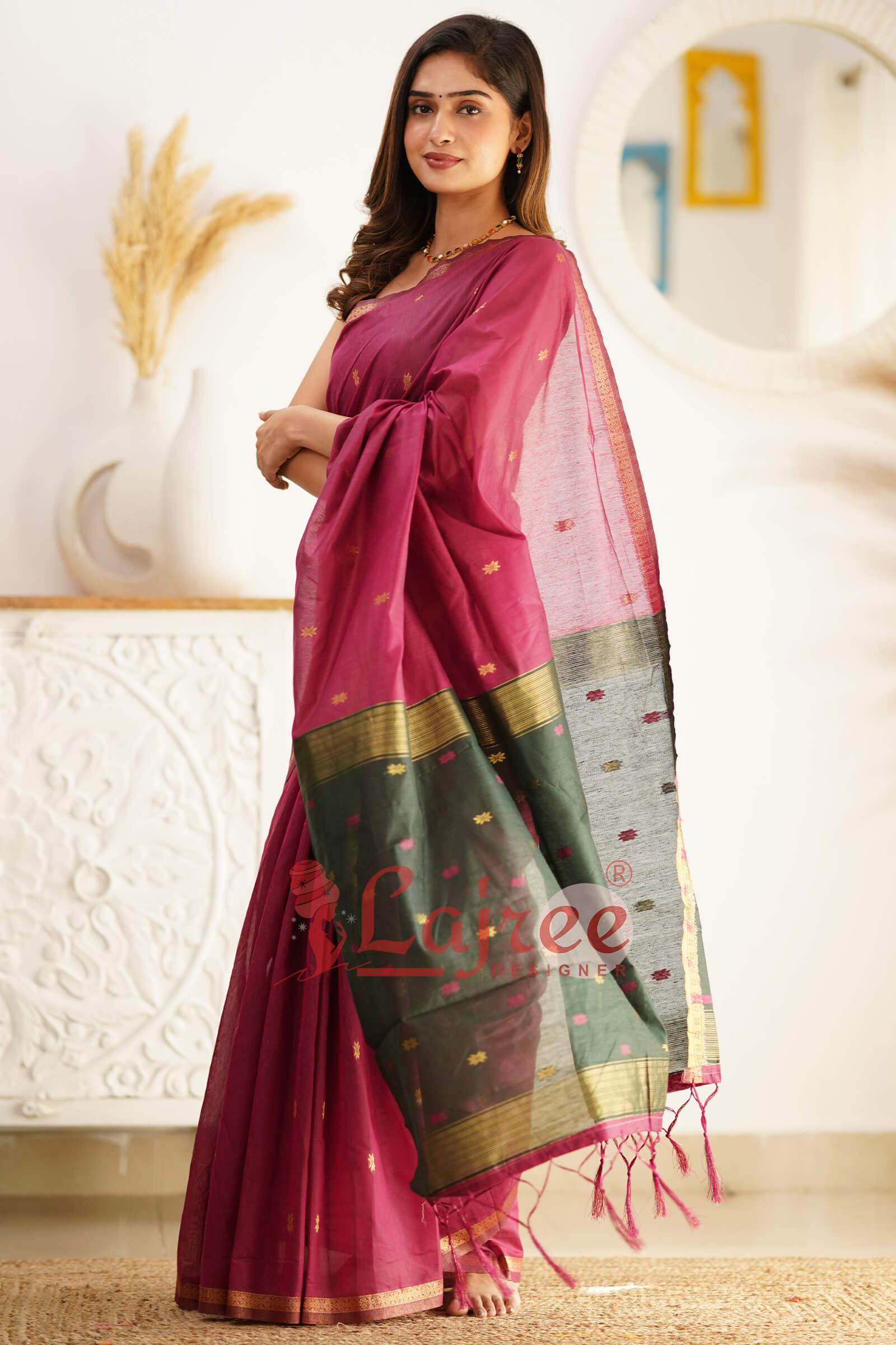 Marvellous Dark Pink Cotton Silk Saree With Outstanding Blouse Piece