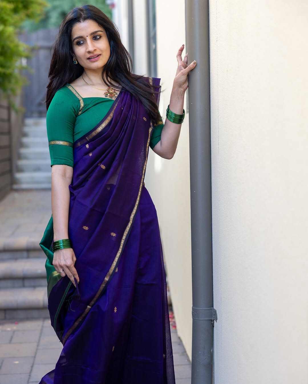 Traditional Purple Cotton Silk Saree With Verdant Blouse Piece