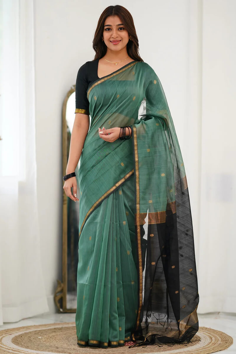Women's Silk Blend Sea Green Woven Design Handloom Saree With Blouse Piece