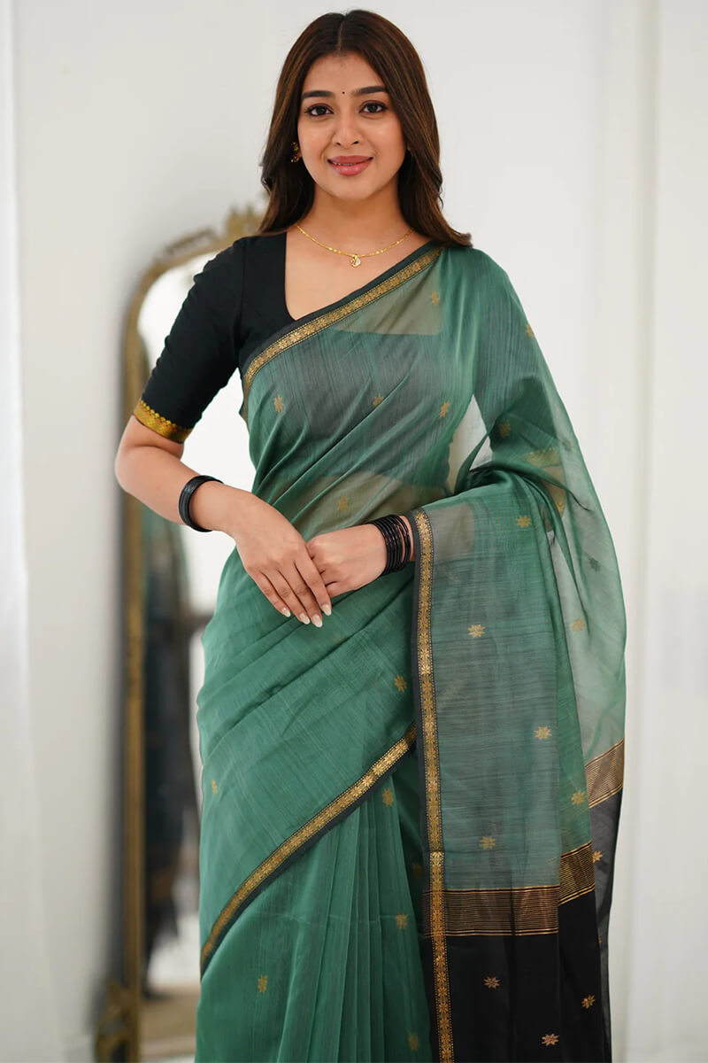 Women's Cotton Linen Sea Green Digital Print Designer Saree With Blouse Piece