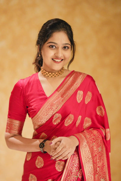 A glam Red Soft Silk Saree With Classic Blouse Piece