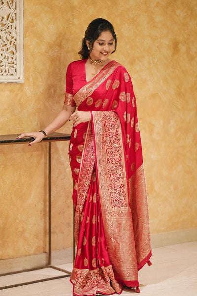 A glam Red Soft Silk Saree With Classic Blouse Piece
