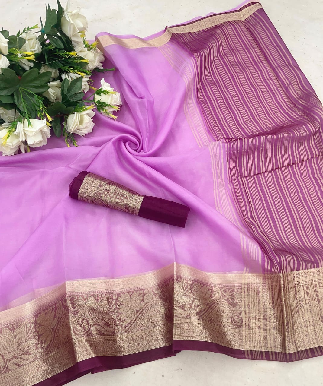 Ravishing Lavender Orgenza Silk Saree With Intricate Blouse Piece