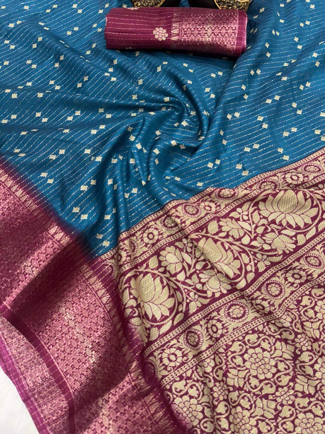 Smashing Teal Blue Digital Printed Dola Silk Saree With Redolent Blouse Piece