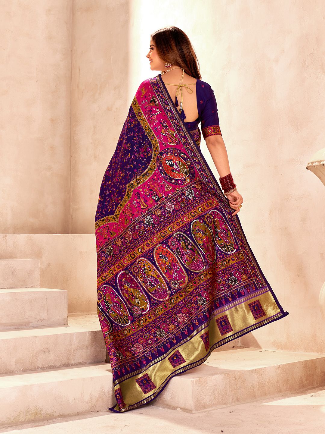 Ethnic Blue Nylon Dola Pashmina Saree With Assemblage Blouse Piece