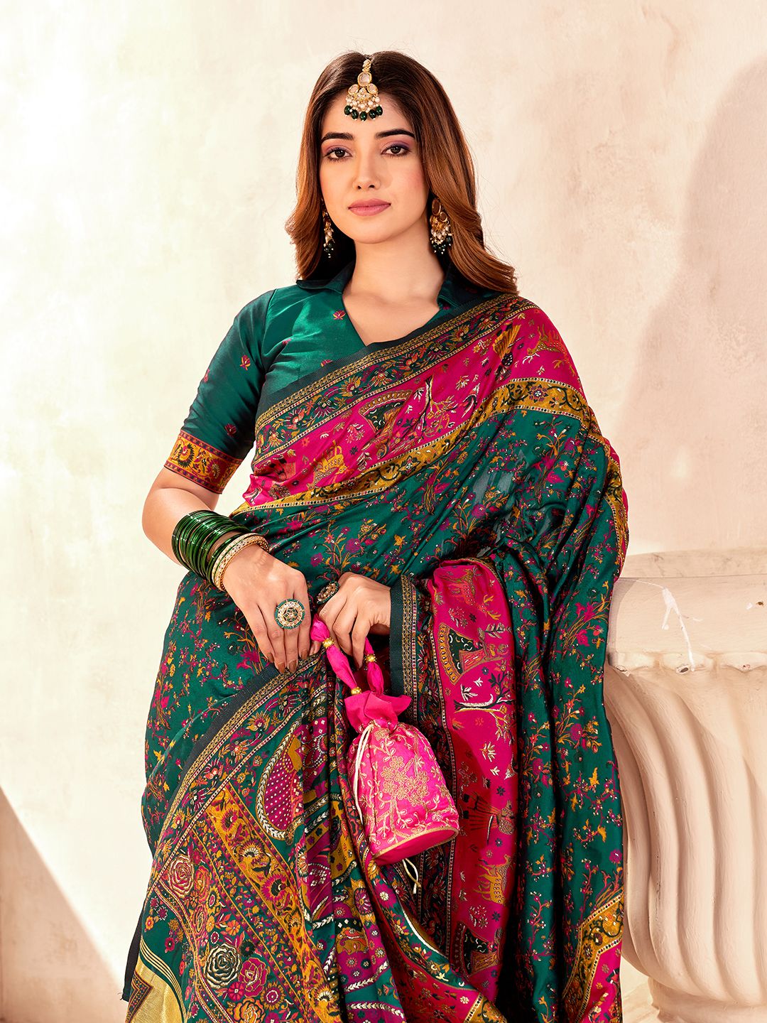 Lustrous Dark Green Nylon Dola Pashmina Saree With Devastating Blouse Piece