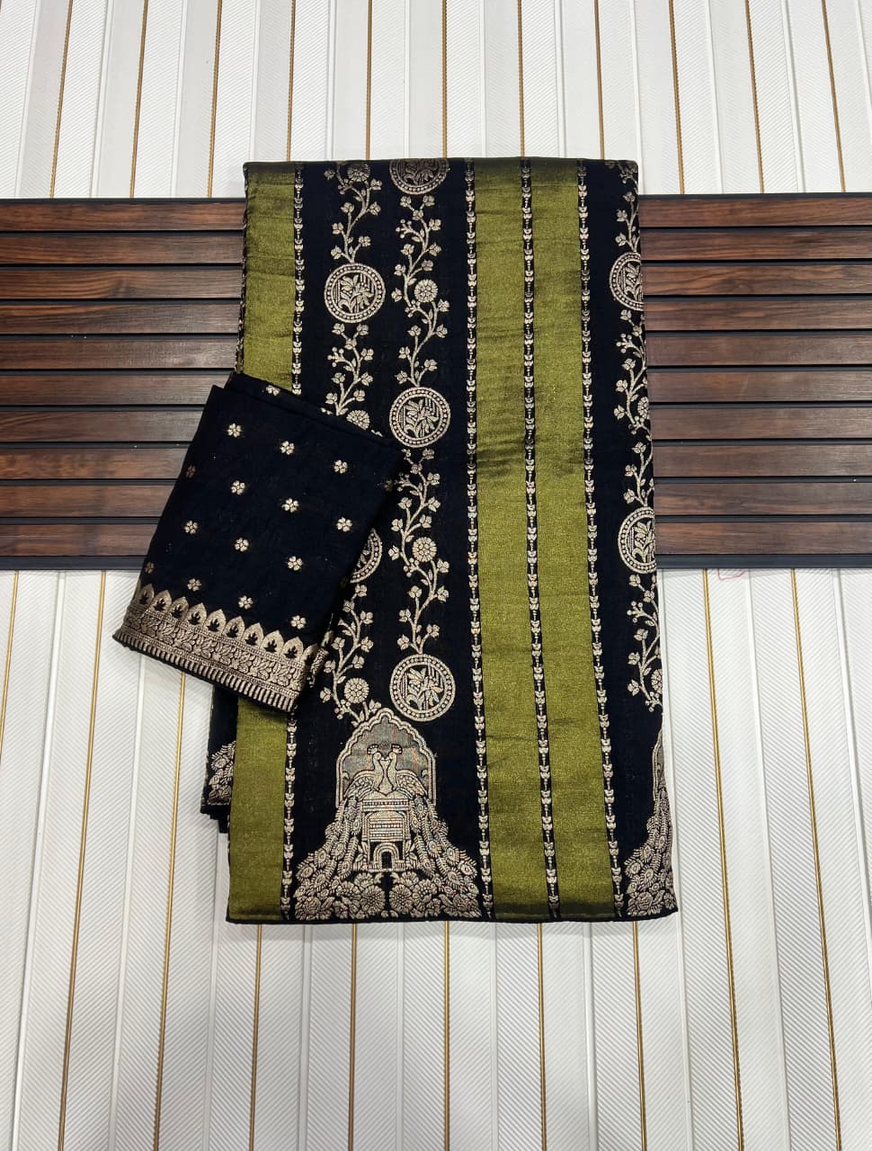 Woebegone Black Soft Banarasi Tissue Silk Saree With Luminous Blouse Piece