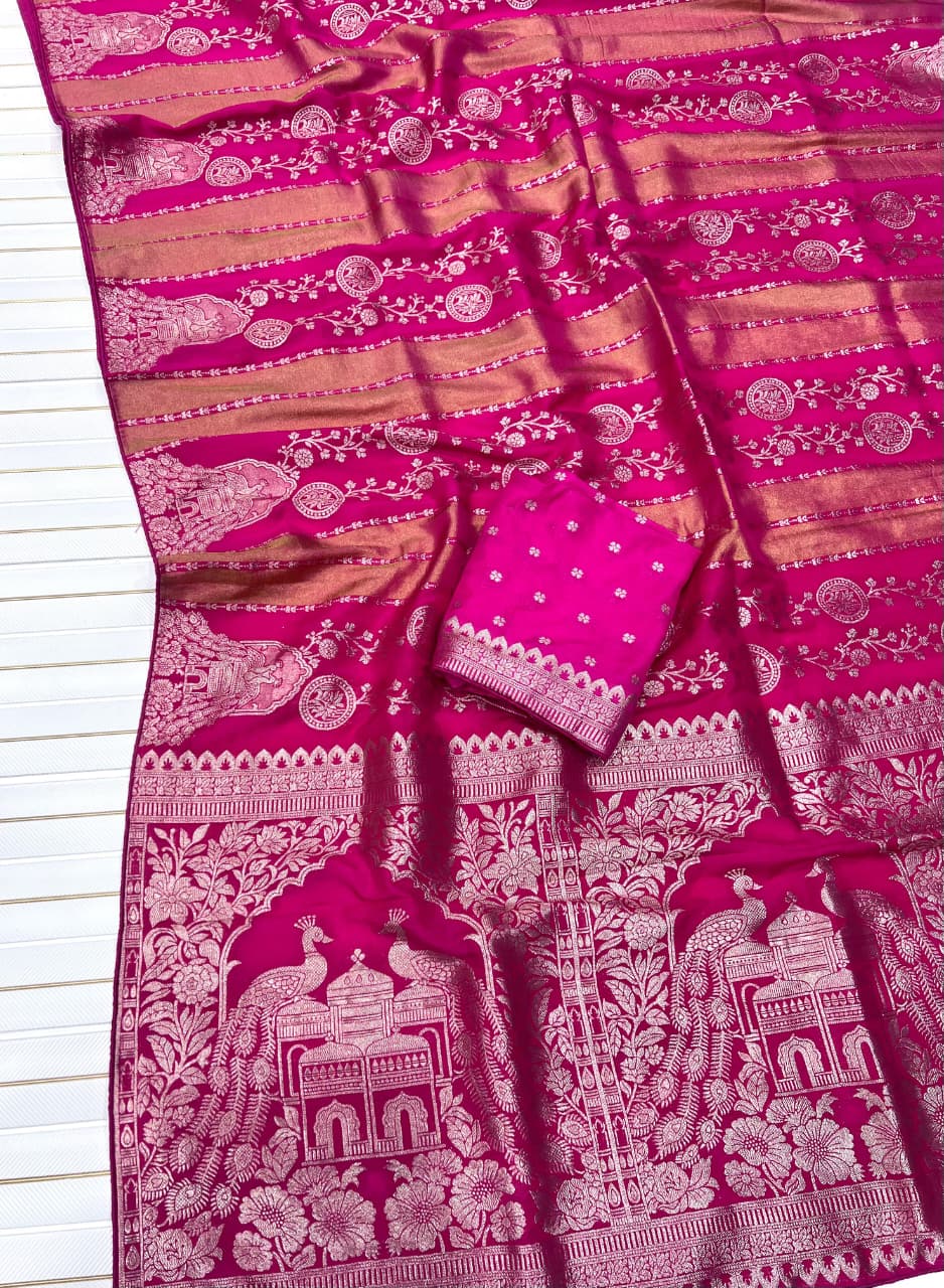 Lustrous Dark Pink Soft Banarasi Tissue Silk Saree With Innovative Blouse Piece