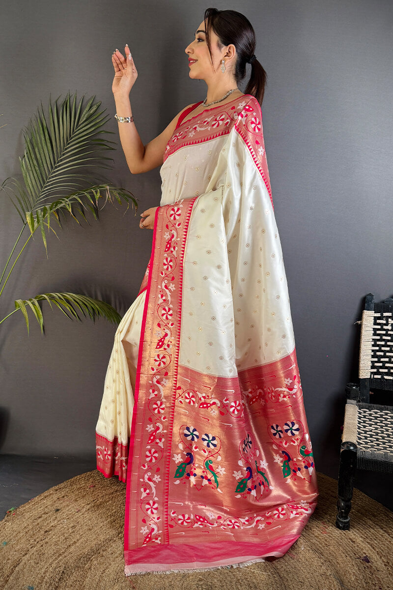 Breathtaking Beige Paithani Silk Saree With Intricate Blouse Piece