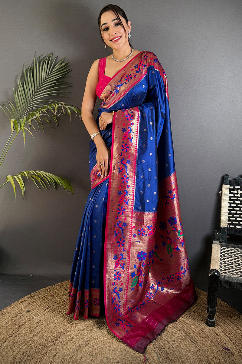 Quixotic Navy Blue Paithani Silk Saree With Pleasurable Blouse Piece