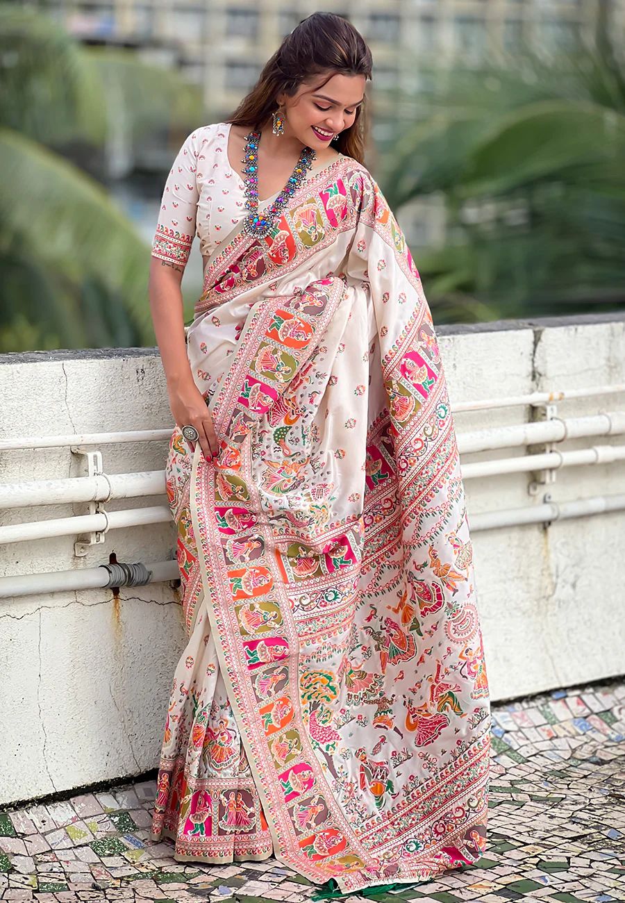 Divine Off White Nylon Dola Pashmina Saree With Seraphic Blouse Piece