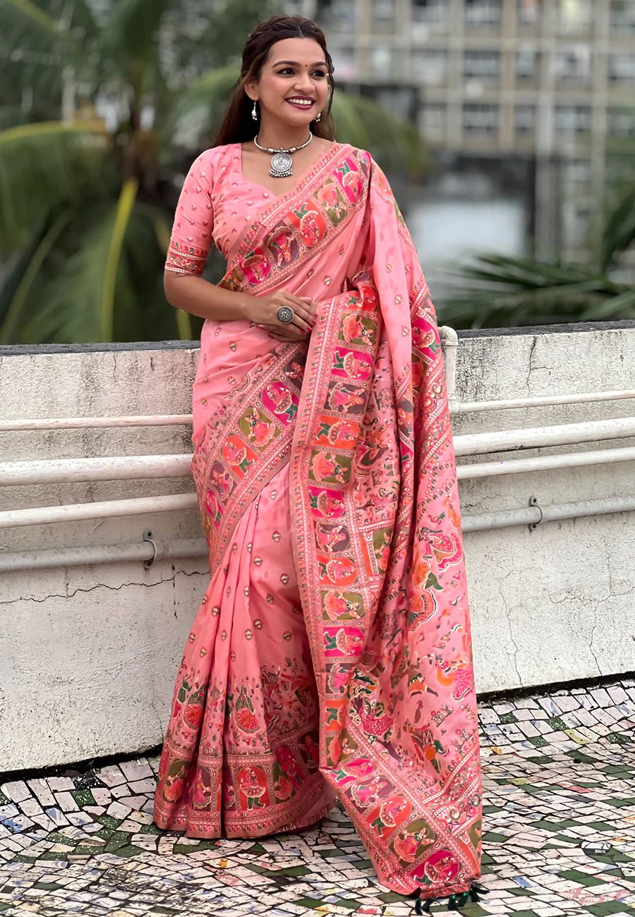 Ailurophile Pink Nylon Dola Pashmina Saree With Vestigial Blouse Piece