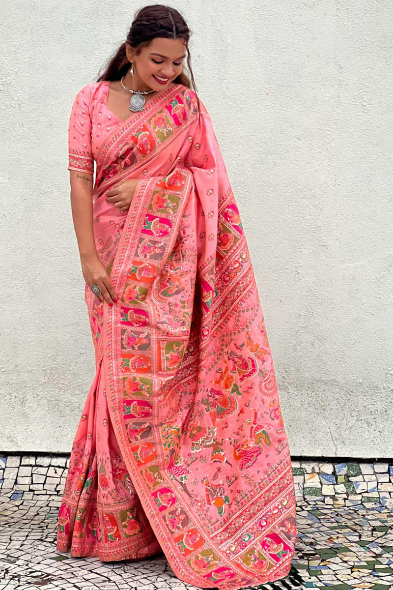 Ailurophile Pink Nylon Dola Pashmina Saree With Vestigial Blouse Piece
