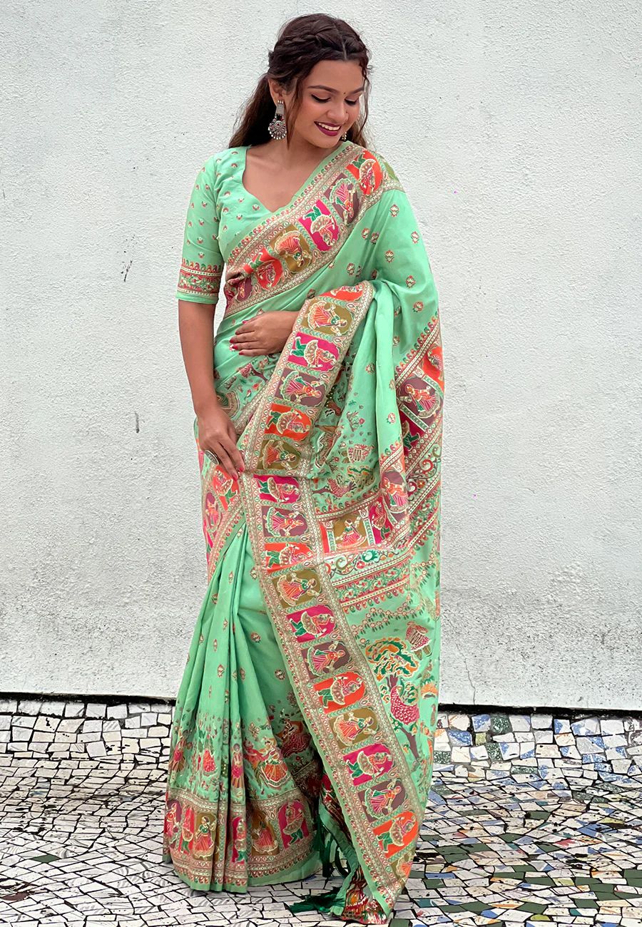 Desiring Pista Nylon Dola Pashmina Saree With Mesmeric Blouse Piece