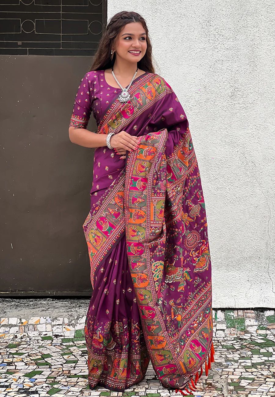 Bewitching Purple Nylon Dola Pashmina Saree With Mesmerising Blouse Piece