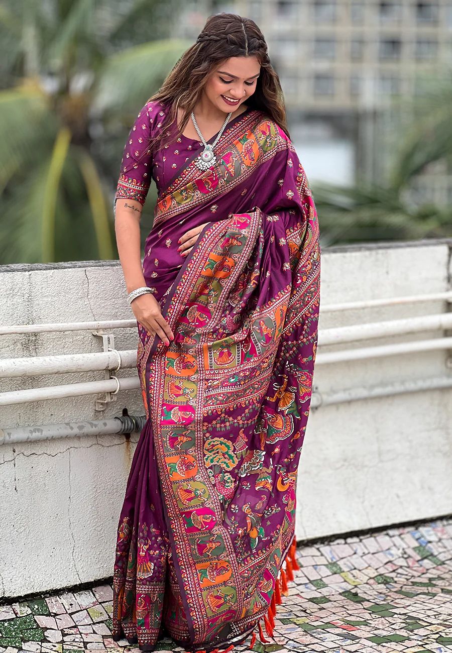 Bewitching Purple Nylon Dola Pashmina Saree With Mesmerising Blouse Piece