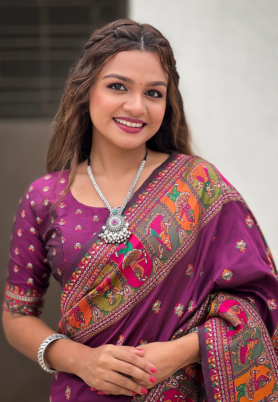 Bewitching Purple Nylon Dola Pashmina Saree With Mesmerising Blouse Piece