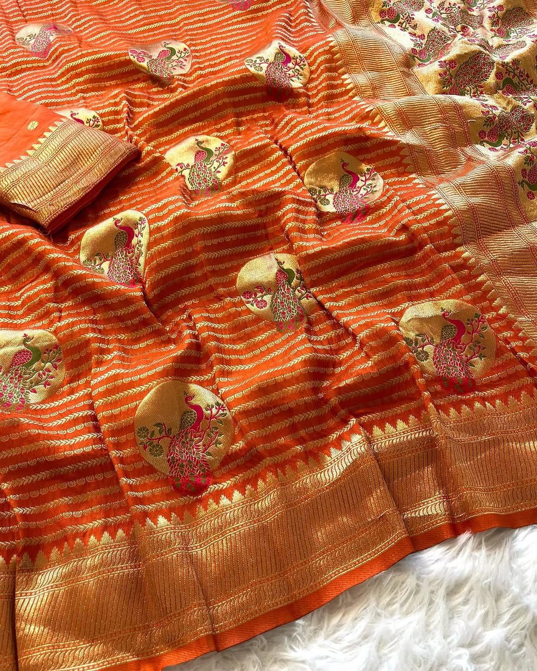 Bucolic Orange Soft Banarasi Silk Saree With Posh Blouse Piece