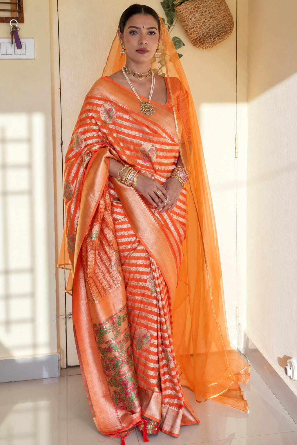 Bucolic Orange Soft Banarasi Silk Saree With Posh Blouse Piece