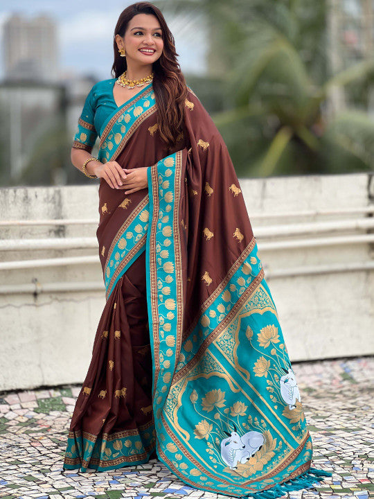 Glowing Brown Soft Banarasi Silk Saree With Glamorous Blouse Piece