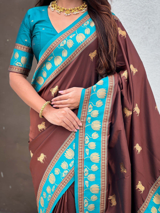Glowing Brown Soft Banarasi Silk Saree With Glamorous Blouse Piece