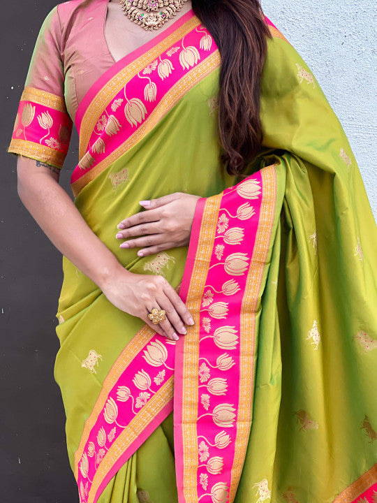 Palimpsest Mehndi Soft Banarasi Silk Saree With Aplomb Blouse Piece