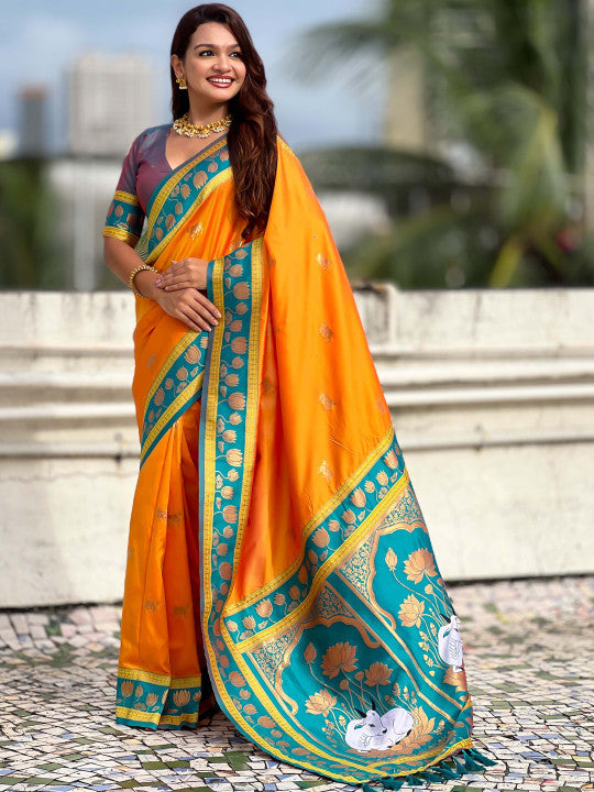 Ephemeral Orange Soft Banarasi Silk Saree With Breathtaking Blouse Piece