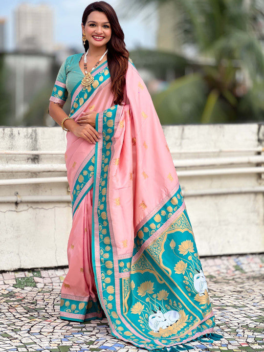 Devastating Pink Soft Banarasi Silk Saree With Lissome Blouse Piece