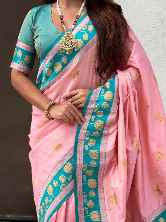 Devastating Pink Soft Banarasi Silk Saree With Lissome Blouse Piece