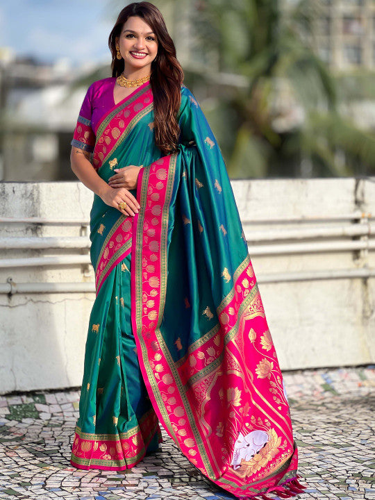 Blissful Rama Soft Banarasi Silk Saree With Woebegone Blouse Piece