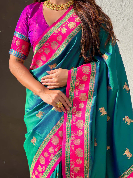 Blissful Rama Soft Banarasi Silk Saree With Woebegone Blouse Piece