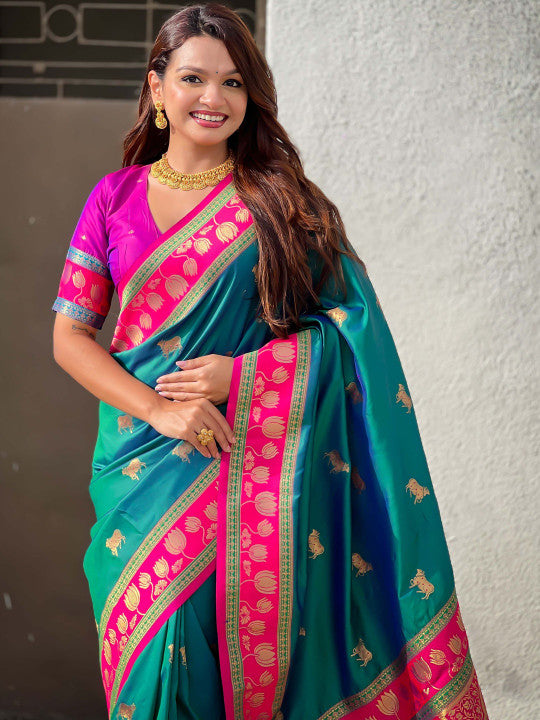 Blissful Rama Soft Banarasi Silk Saree With Woebegone Blouse Piece