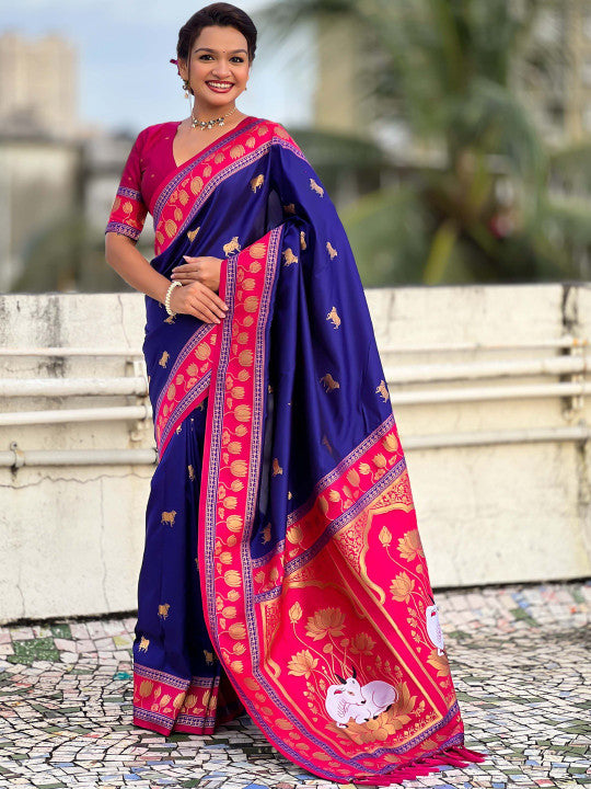 Moiety Royal Blue Soft Banarasi Silk Saree With Staggering Blouse Piece