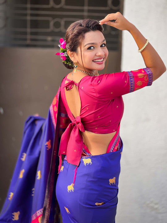 Moiety Royal Blue Soft Banarasi Silk Saree With Staggering Blouse Piece