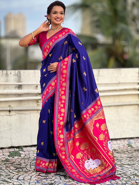 Moiety Royal Blue Soft Banarasi Silk Saree With Staggering Blouse Piece