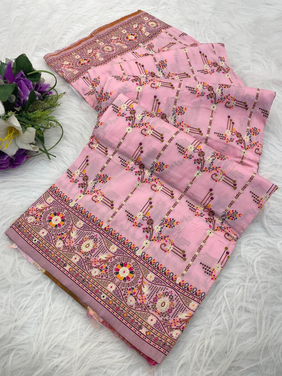 Exquisite Pink Nylon Dola Pashmina Saree With Divine Blouse Piece