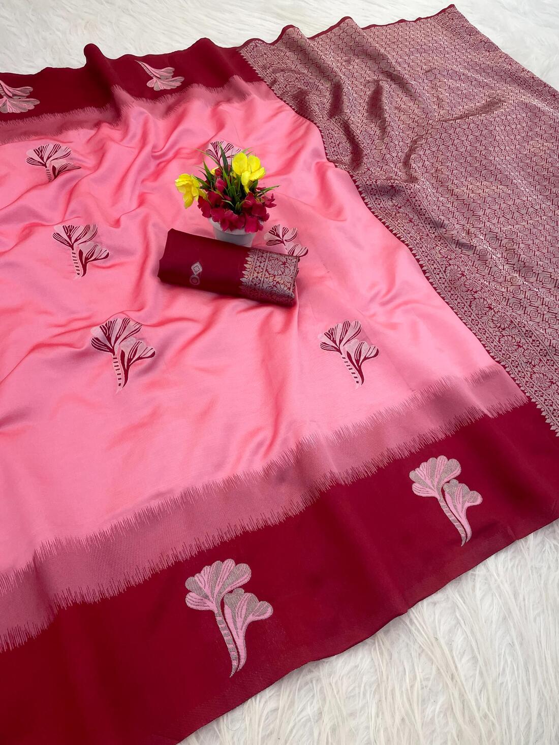 Allure Pink Soft Silk Saree With Assemblage Blouse Piece